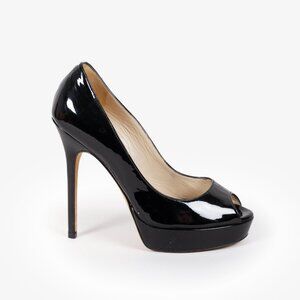 Jimmy Choo Black Patent Leather Peep Toe Platform Pumps